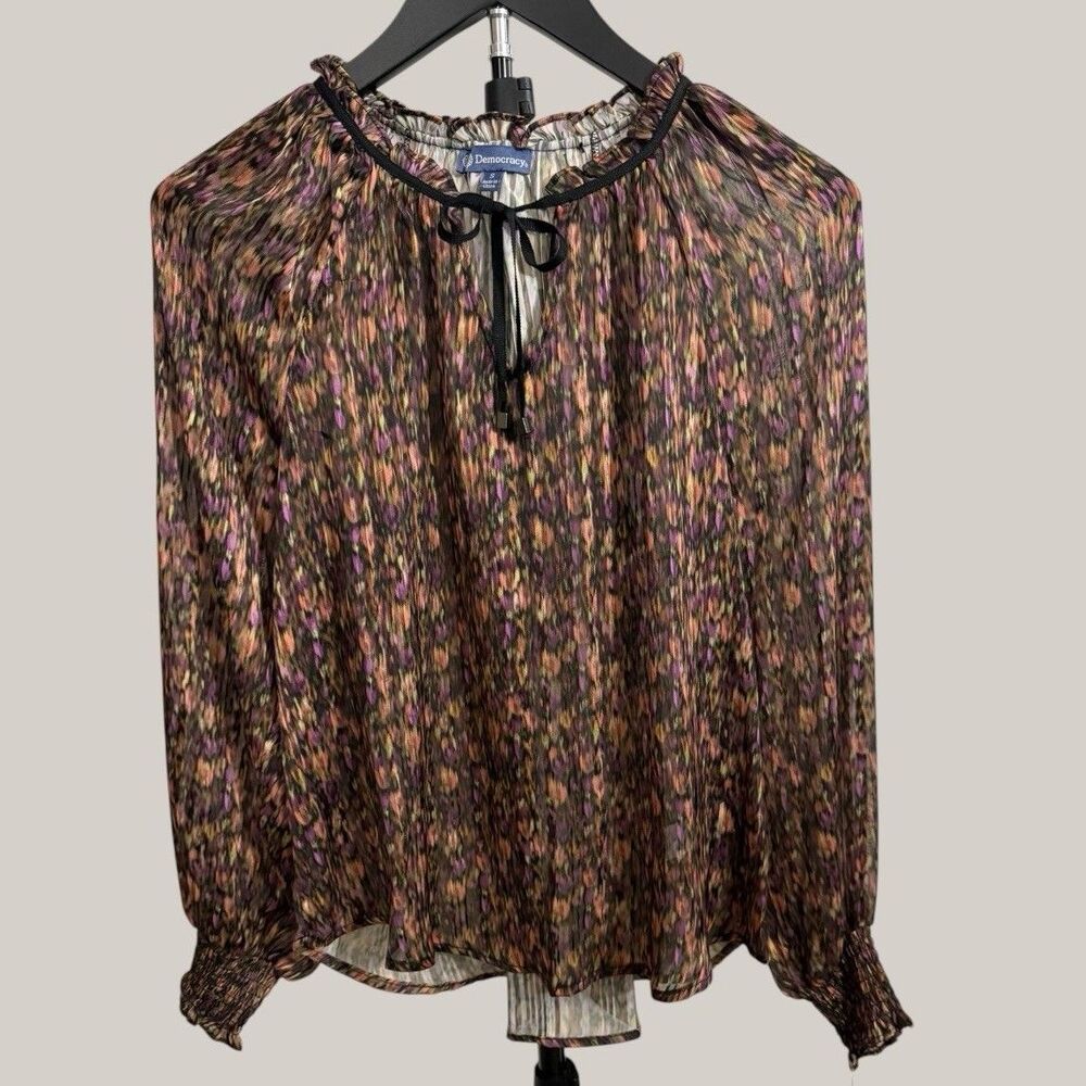 NWT Democracy Small S Sheer Floral Ruffle Neck Tie Blouse Smocked Cuff Top Boho
